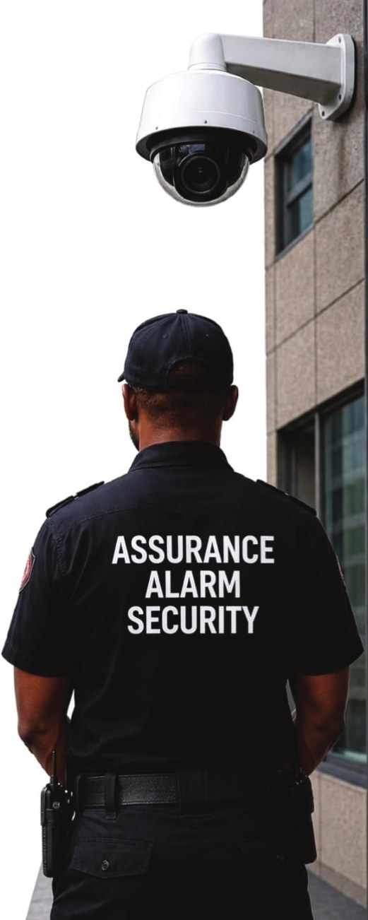 Assurance Alarm Security officer on watch beneath a CCTV camera