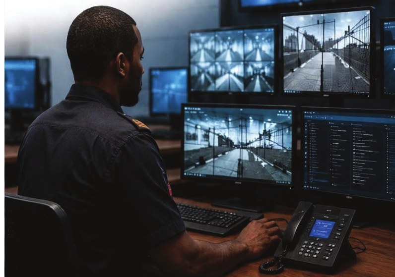 Operator monitoring CCTV feeds in the control room