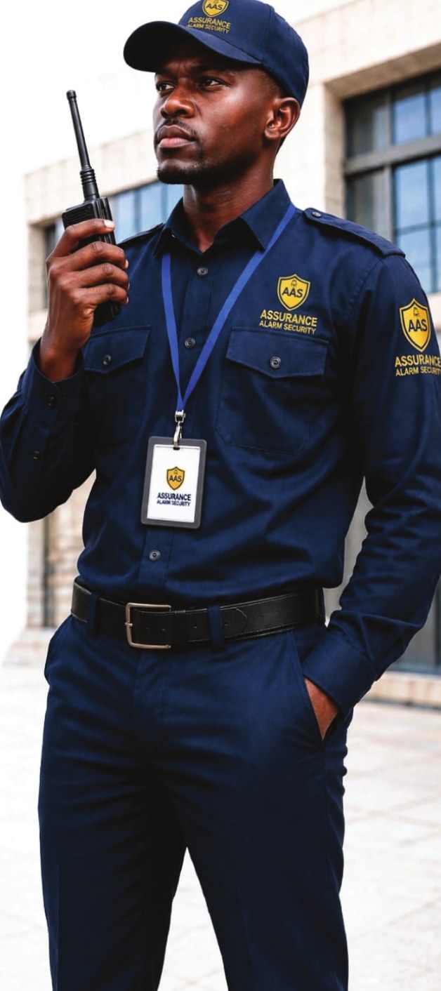 Assurance Alarm Security officer on duty with a two-way radio